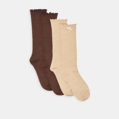 2 PACK LETTUCE EDGE BOW SOCKS TAN BROWN
