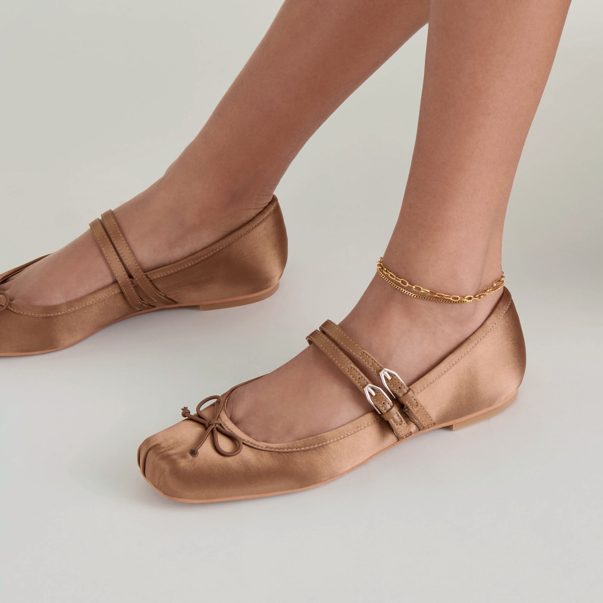 GIBSEN BALLET FLATS MID BROWN SATIN