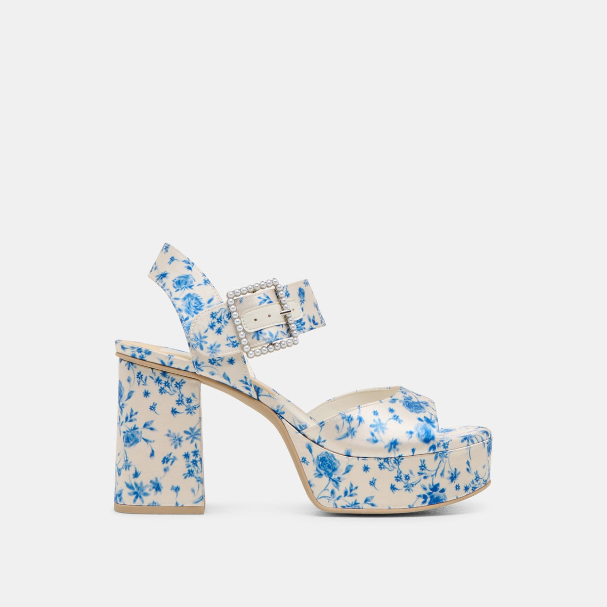 BOBBY PEARL HEELS BLUE FLORAL SATIN - re:vita