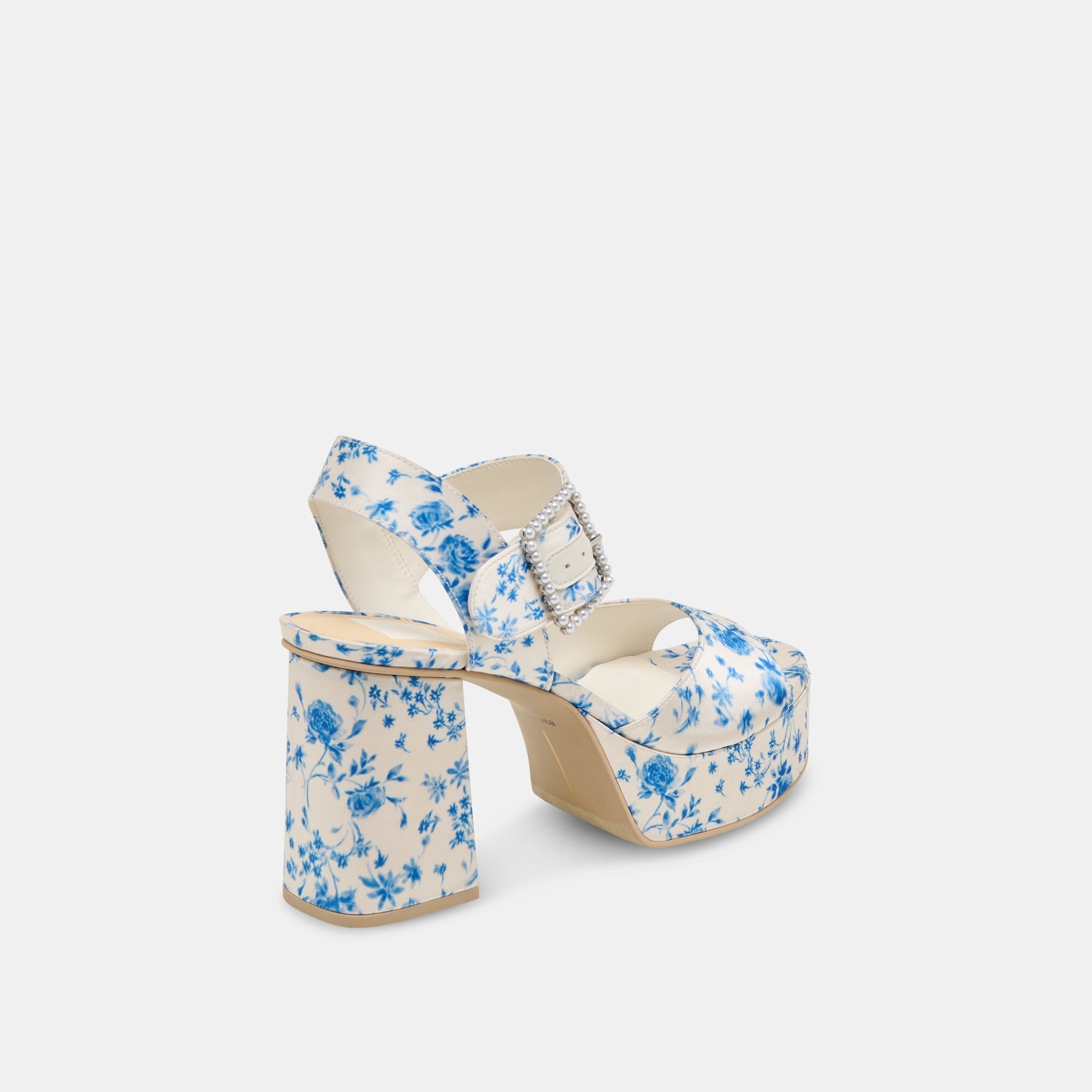 BOBBY PEARL HEELS BLUE FLORAL SATIN - re:vita